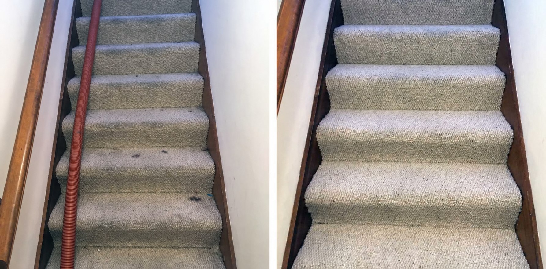 Stair carpet before and after cleaning by Gemstone