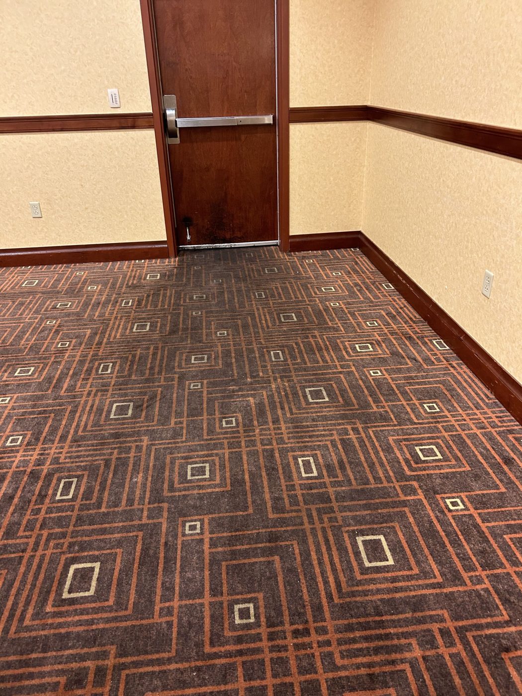 Patterned commercial carpet dull with grit and debris before cleaning